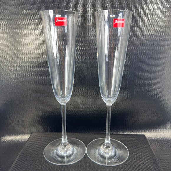 Baccarat FILAO Fluted Champagne Glass Clear Crystal Stems Signed W Stickers Set2 - Picture 1 of 11